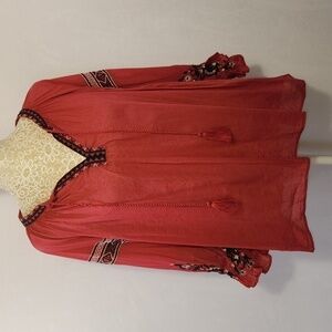 Alicia Pageboy Red Aztec/Tribal Embroidered V-Neck Tassle Tie Front Boho Top